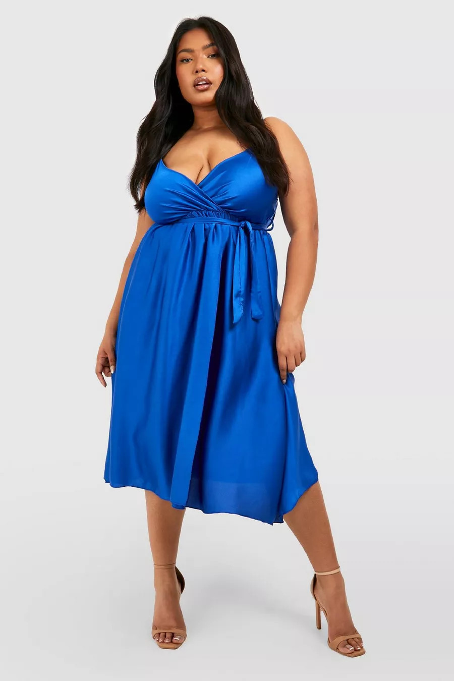 Plus Satin Wrap Self Belted Midi Dress | Boohoo.com (US & CA)