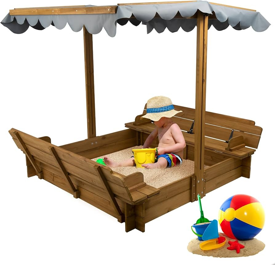 Wooden Sandbox with Lid, Kids Sandbox with Cover Outdoor, Sandbox with 2 Foldable Bench Seats for... | Amazon (US)