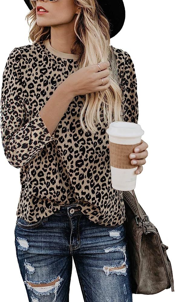 Women's Casual Cute Shirts Leopard Print Tops Basic Short Sleeve Soft Blouse | Amazon (US)