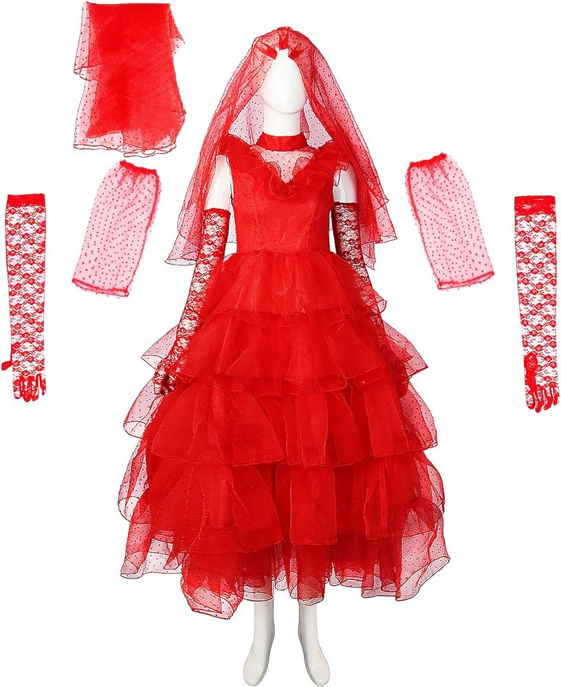 Lydia Deetz Costume Women Beetle Bride Wedding Dress Gothic Red Gown Halloween Outfits with Veil | Amazon (US)