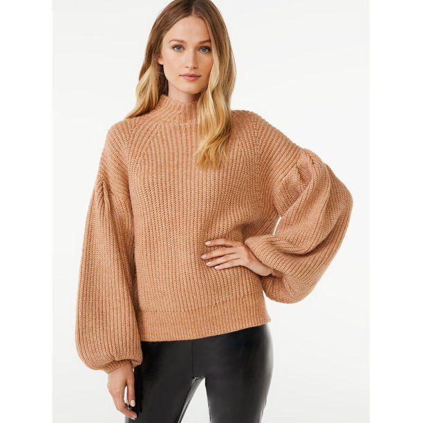 Scoop Women's Cozy Mock Neck Sweater with Balloon Sleeves - Walmart.com | Walmart (US)