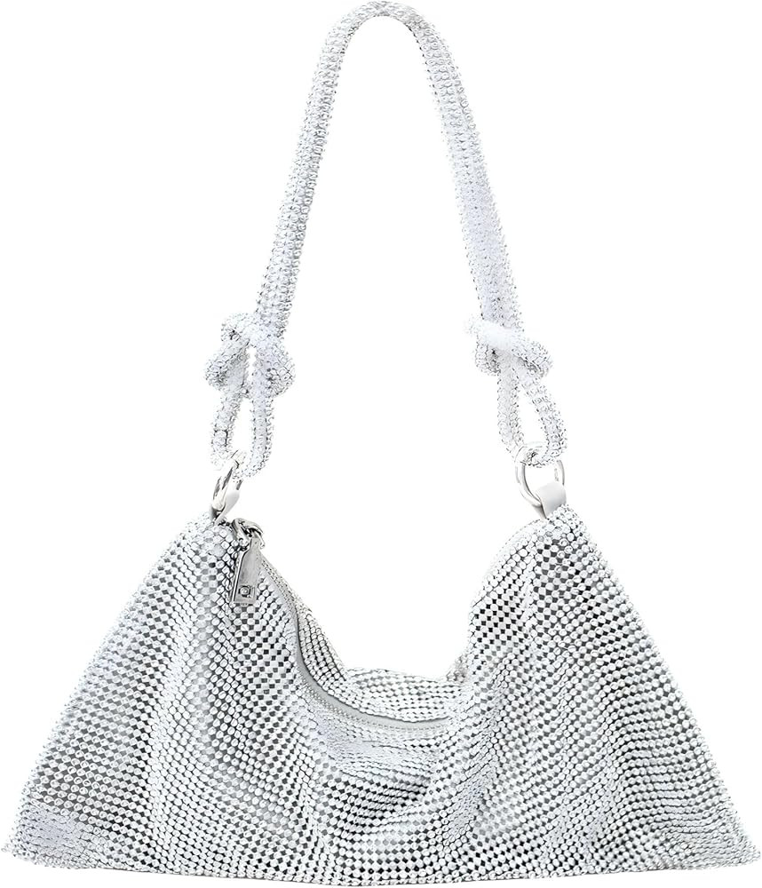 Rhinestone Purse Silver Hobo Purse Sparkly Black Evening Bag for Women Prom Party Wedding | Amazon (US)