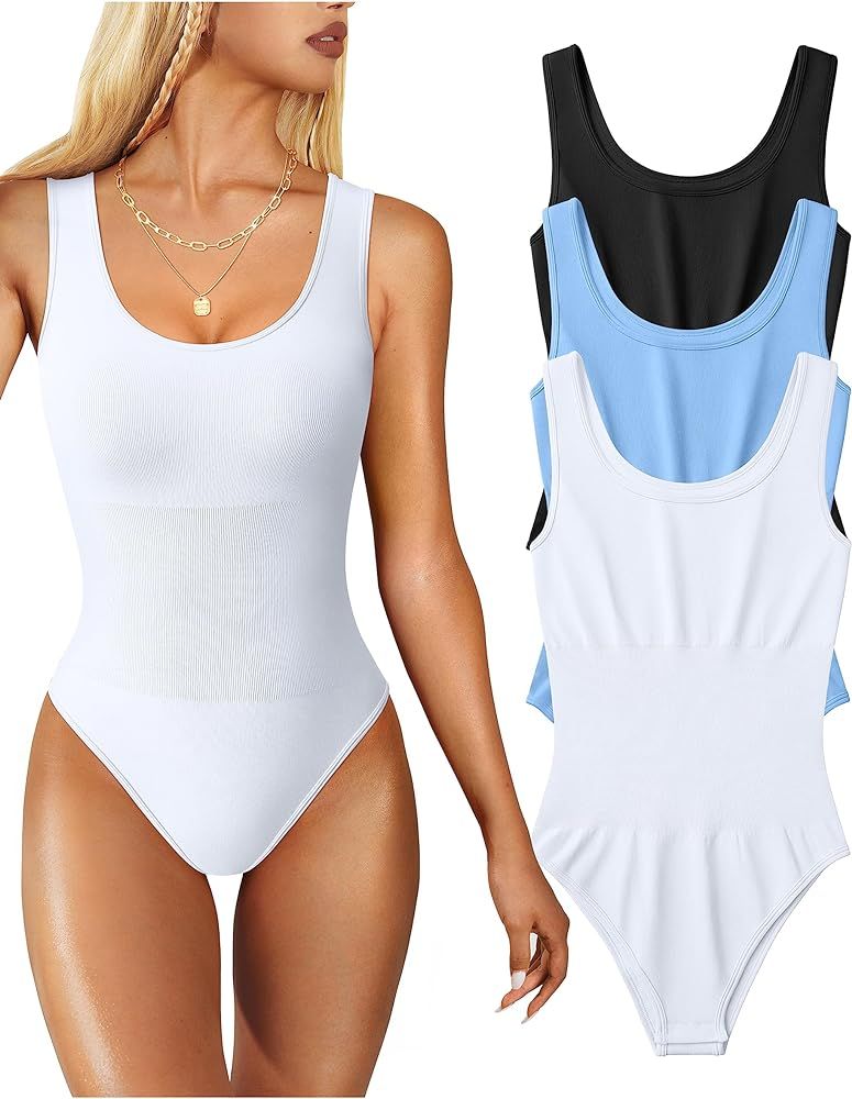 OQQ Women's 3 Piece Bodysuits Sexy Sleeveless Round Neck Shapewear Tank Tops Bodysuits | Amazon (US)