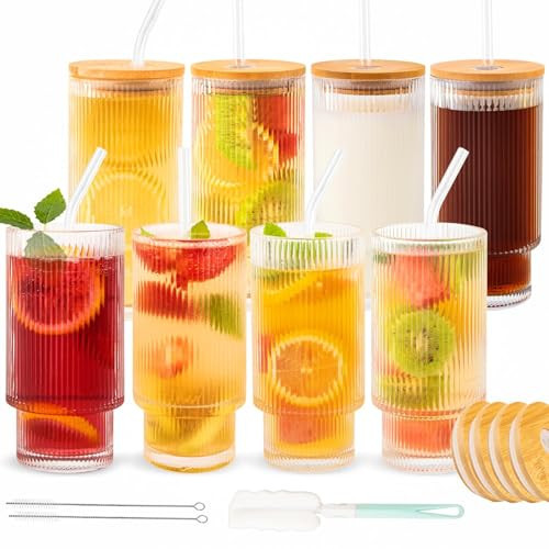 SogYupk 8 Pcs 11oz Glass Cups With Lids and Strands, ribbed glassware, stackable glass cups, suitable for coffee, fruit juice, cocktails, beer, glass cups with bamboo lids,Vintage glass cups,(11oz) | Amazon (US)