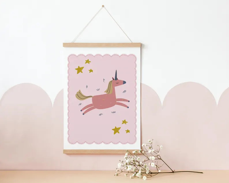 pink scallop border unicorn print for girls bedroom, nursery or playroom | Etsy (Global)