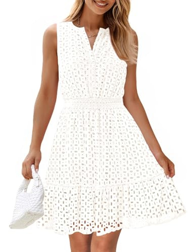 ZESICA Women's Summer Sleeveless Mini Dress V Neck Hollow Out Eyelet High Waist A Line Swing Shor... | Amazon (US)