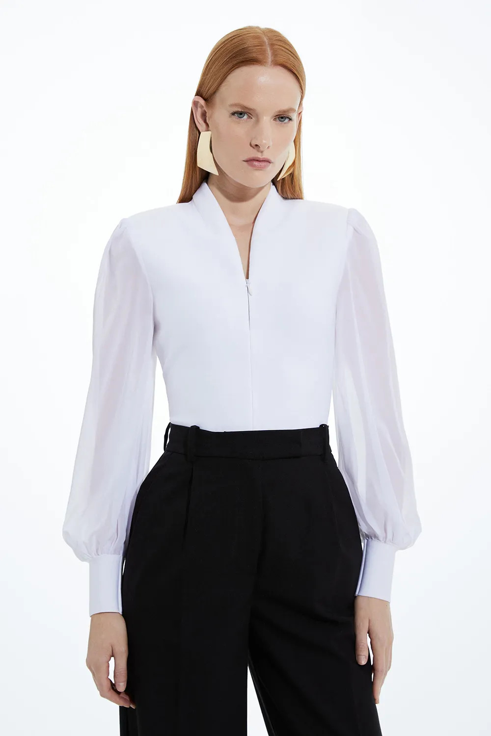 Jumpers & Cardigans | Petite Bandage Figure Form Zip Detail Chiffon Sleeve Knit Top | KarenMillen | Karen Millen US