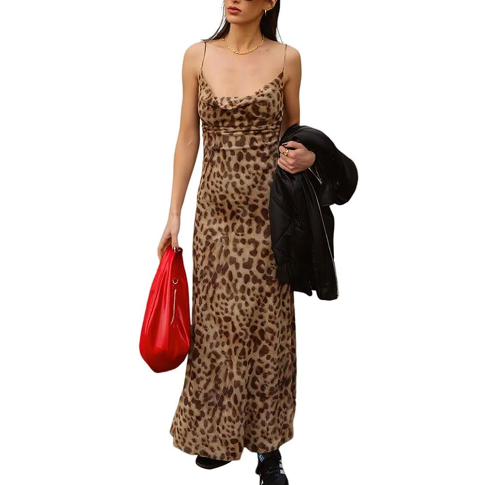Women's V Neck Leopard Print Spaghetti Strap Dress Sleeveless Open Back Maxi Dress Party Long Dre... | Amazon (US)