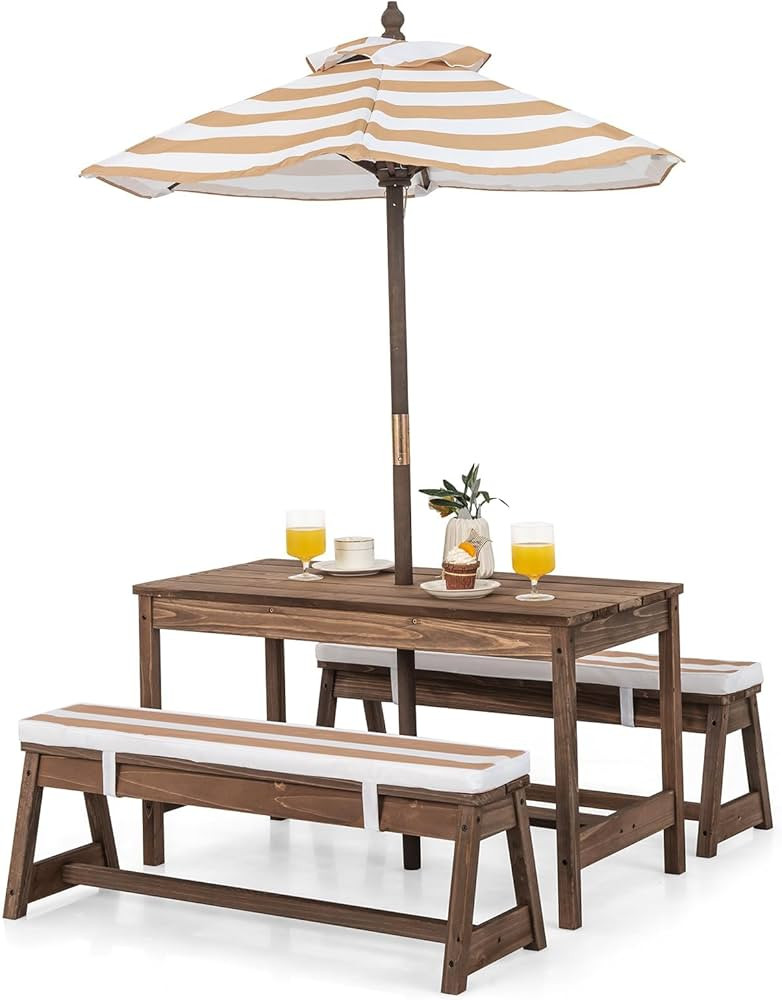 HONEY JOY Kids Picnic Table, Outdoor Wooden Table & Bench Set w/Removable Cushions and Umbrella, ... | Amazon (US)