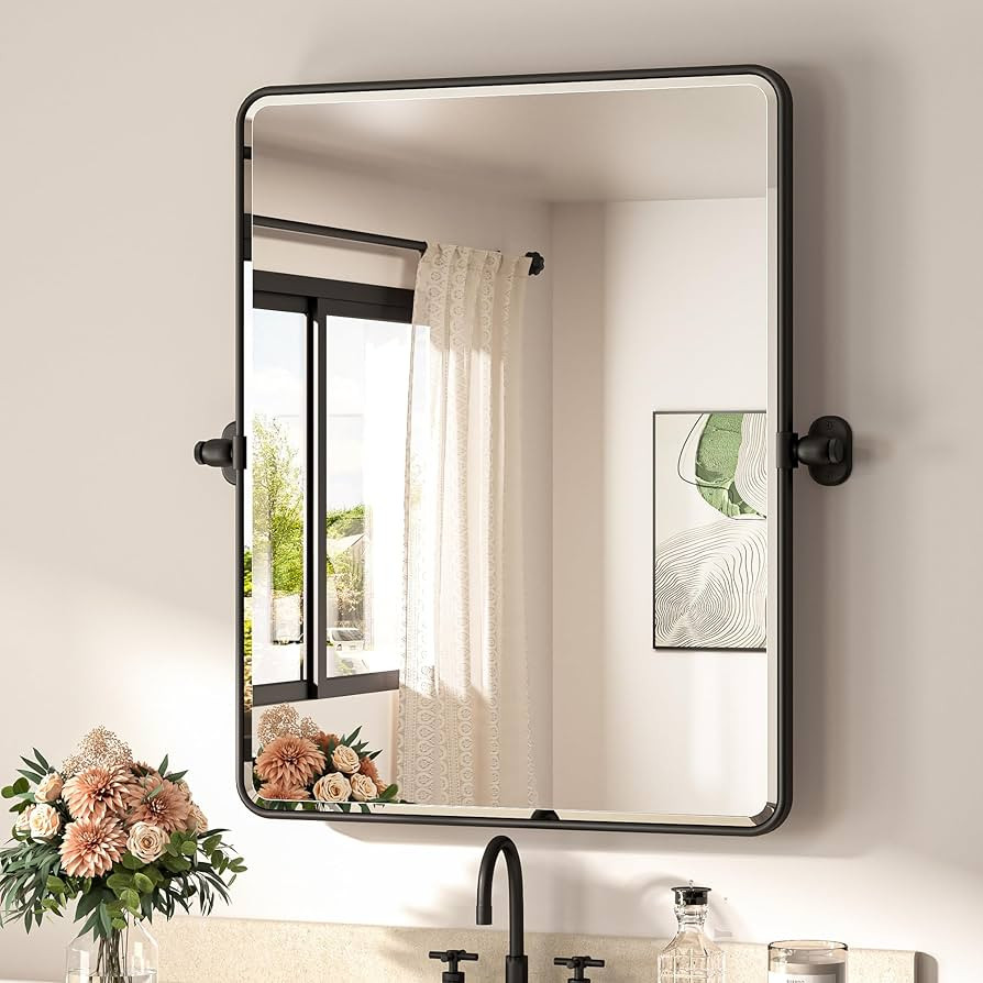 TETOTE Matte Black Pivot Bathroom Mirror 24 x 30 Tilting Beveled Rectangle Metal Framed Tempered ... | Amazon (US)