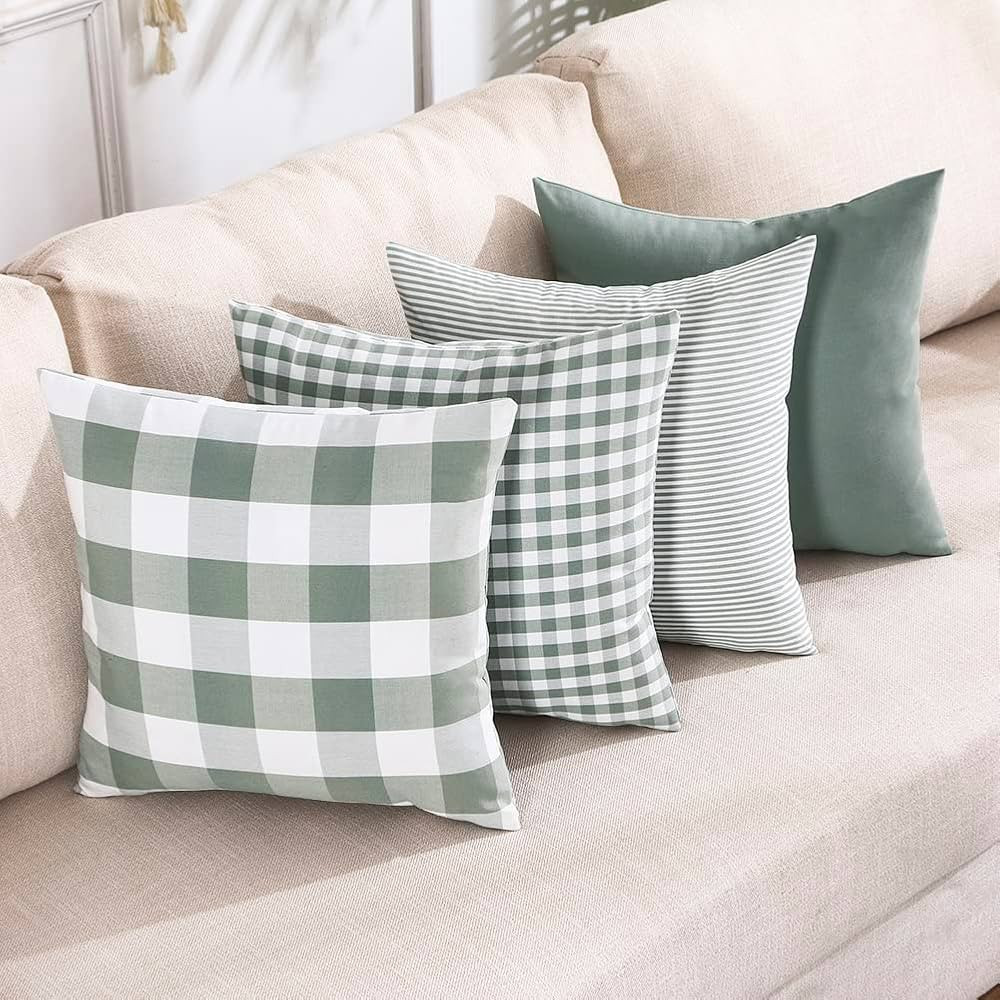 CARRIE HOME Green Plaid 20x20 Throw Pillow Covers Set of 4, Farmhouse Throw Pillows Light Green C... | Amazon (US)