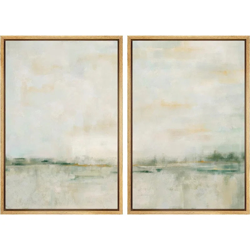 Pastel Green Abstarct Lake Landscape Neutral Minimalist Framed Canvas 2 Pieces Print Set Wall Art | Wayfair North America