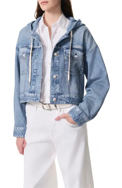 rag & bone Miramar Hooded Trompe l'Oeil Faux Denim Fleece Terry Trucker Jacket in Coney at Nordstrom, Size Small | Nordstrom