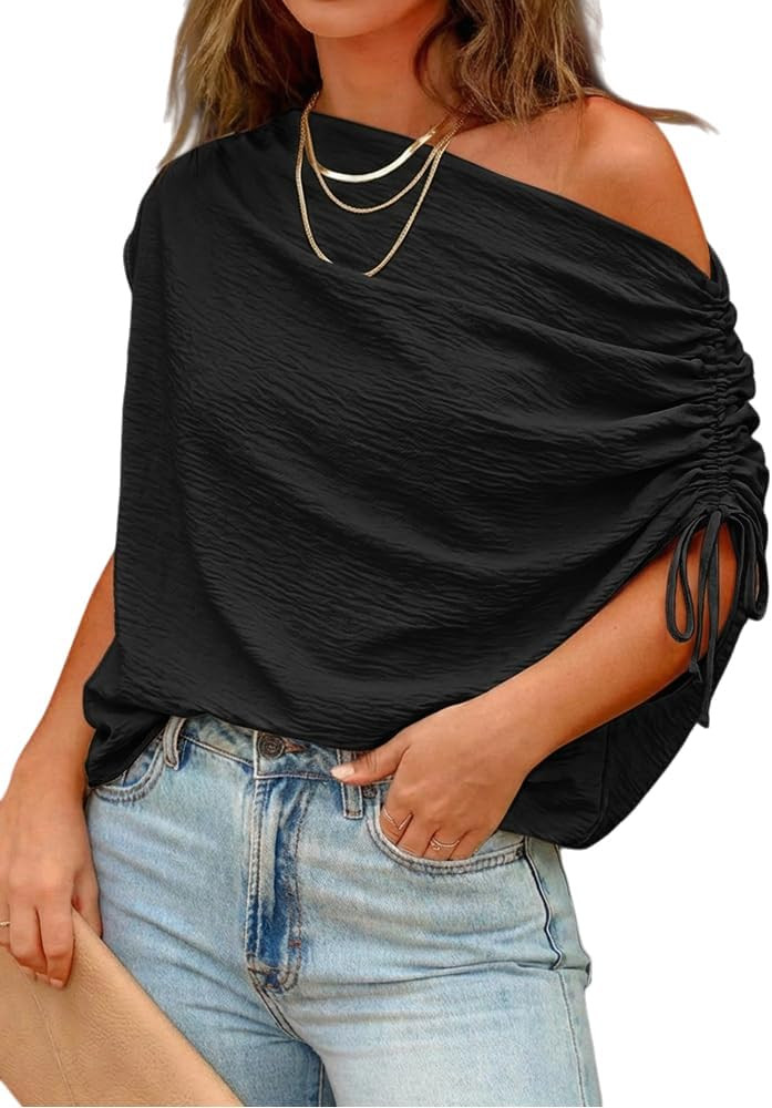 CHICME Off Shoulder Tops for Women Summer Skew Neck Blouse Adjustable Drawstring Sleeve Loose Fit... | Amazon (US)