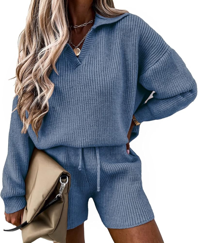 PRETTYGARDEN Women's 2 Piece Outfits Long Sleeve V Neck Lapel Knit Pullover And Shorts Sweater Set W | Amazon (US)