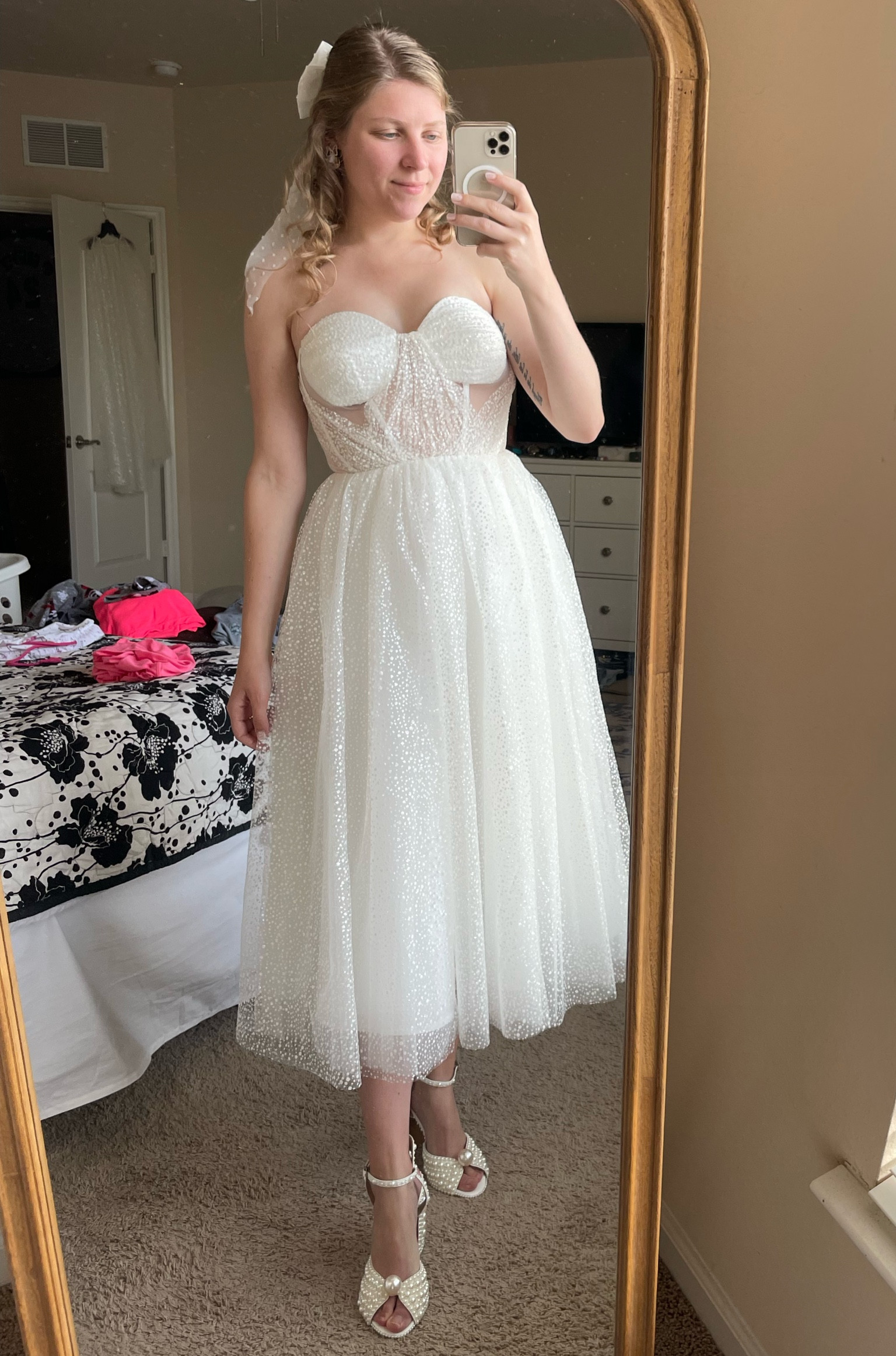 Wedding rehearsal/reception dress for under $1000. Jimmy Choo Pearl shoe dupes. 

#LTKwedding