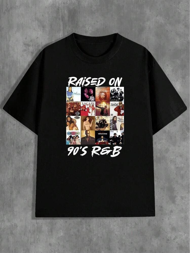 Y2K Style Print Tee Shirt 90s Music Pattern T-Shirt, Crew Neck Short Sleeve Casual Knitted Top, "RAISED ON 90'S R & B" "RAISED ON 90'S R & B" Text Print Pattern T-Shirt, Album Cover Collage | Music Pattern T-Shirt | Soft Textured Cotton T-Shirt | SHEIN