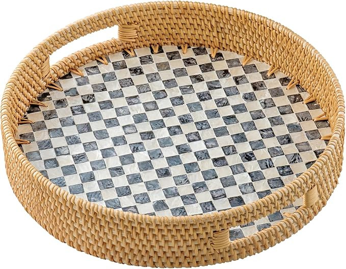 13.8 in Round Rattan Serving Tray with Handle, Mother of Pearl Inlay Wooden Base, Decorative Wick... | Amazon (US)