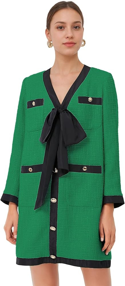 Women Tweed Bow Dresses V Neck Cardigan Elegant Long Sleeve Dress Button Down Back Zipper Sexy Bo... | Amazon (US)