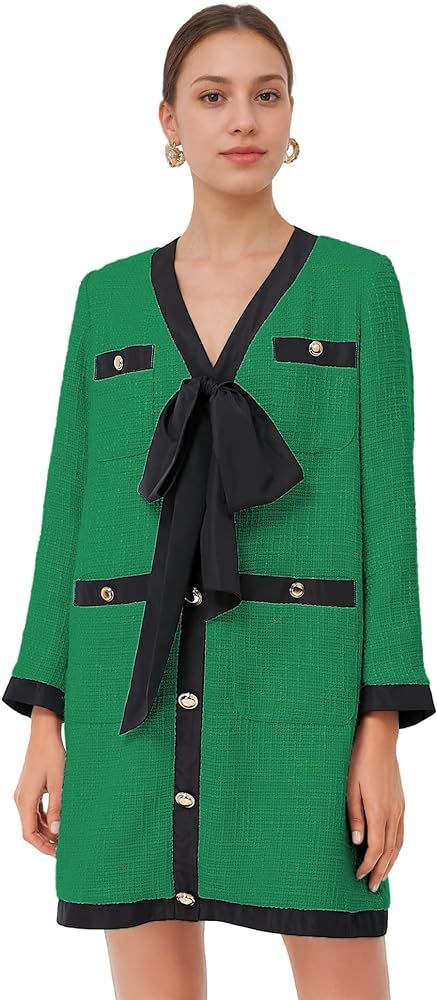 SeeLuNa Women Tweed Bow Dresses V Neck Cardigan Elegant Long Sleeve Dress Button Down Back Zipper... | Amazon (US)