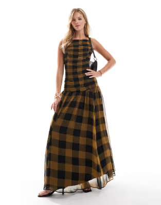 ASOS DESIGN chiffon ruched bodice princess seam maxi dress in brown and black plaid | ASOS (Global)