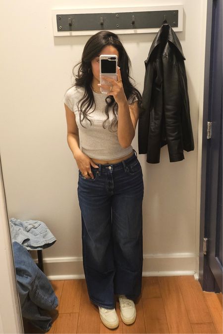 AE baggy wide leg ankle jeans and ribbed baby tee