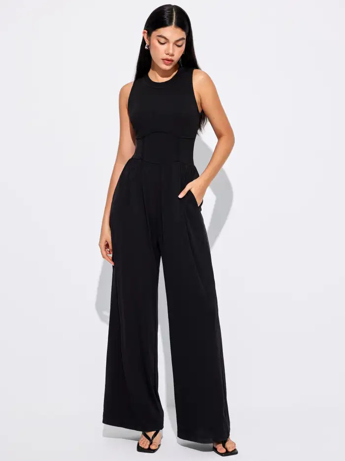 Solid Sleeveless Wide Leg Jumpsuit | Cider