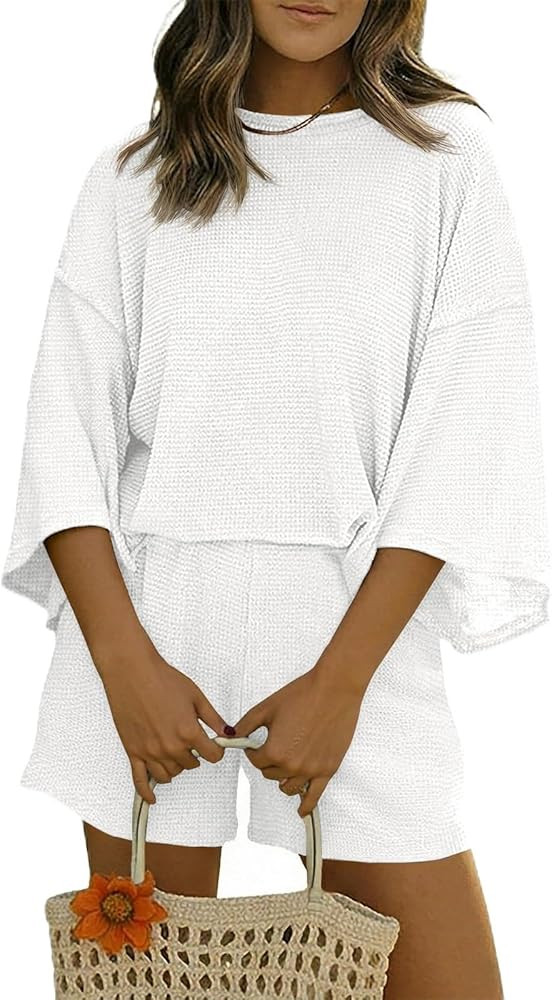 Tankaneo Womens Short Sets 2 Piece Outfits 3/4 Sleeve Tops and Elastic Waist Shorts Lounge Set Ca... | Amazon (US)