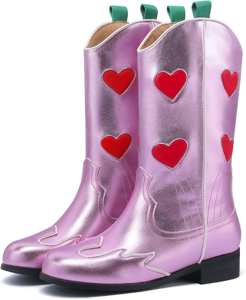 Kids Cowboy Boots Unisex Mid-calf Metallic Western Cowgirl Booties Splicing Riding Round Toe Pull... | Amazon (US)