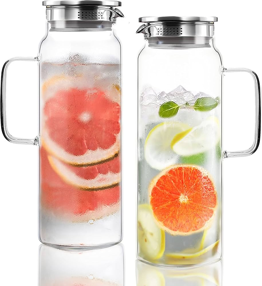 Set of 2 Glass Pitcher with Lid,2 Quart (64 oz / 1.9 Liter) Leak Proof,Glass Water Jugs, BPA-Free... | Amazon (US)