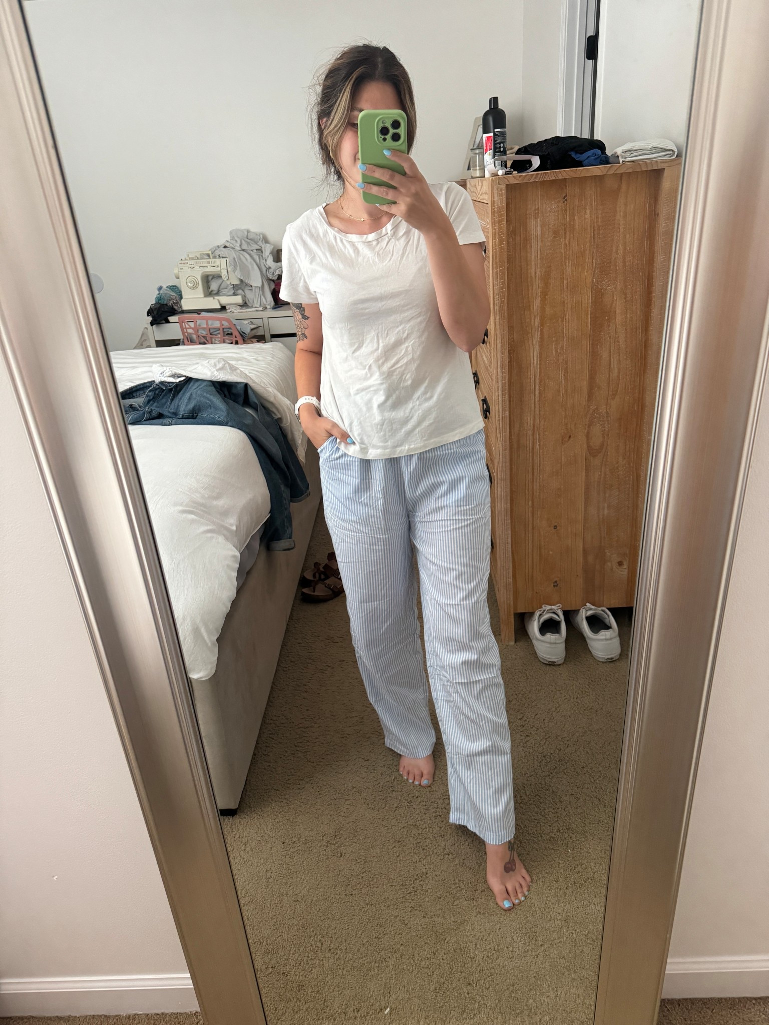 Casual women's sleepwear, blue and white striped pants from amazon in a size small, white cotton tee shirt from H&M in a size small. Women's pajamas, women PJs, SLeepwear, sleep outfit #amazon #ltkamazon #sleepwear #sleep #women #pjs #HM #ltkhm  

 #LTKSeasonal #LTKFindsUnder50 #LTKStyleTip