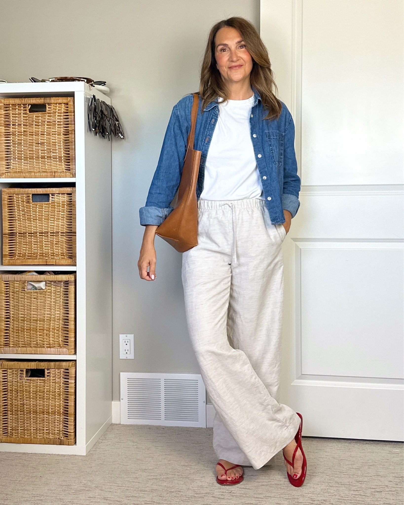 Spring outfit idea!
I’m 5’ 7” tall size 4ish wearing small tall in the linen blend pants (part of the Aritzia sale!) and small in the denim shirt (also from Aritzia but sold out, I’ll link similar).
I sized up 1/2 size in the red flip flops and love how they fit

#LTKootd #LTKTall #LTKSeasonal