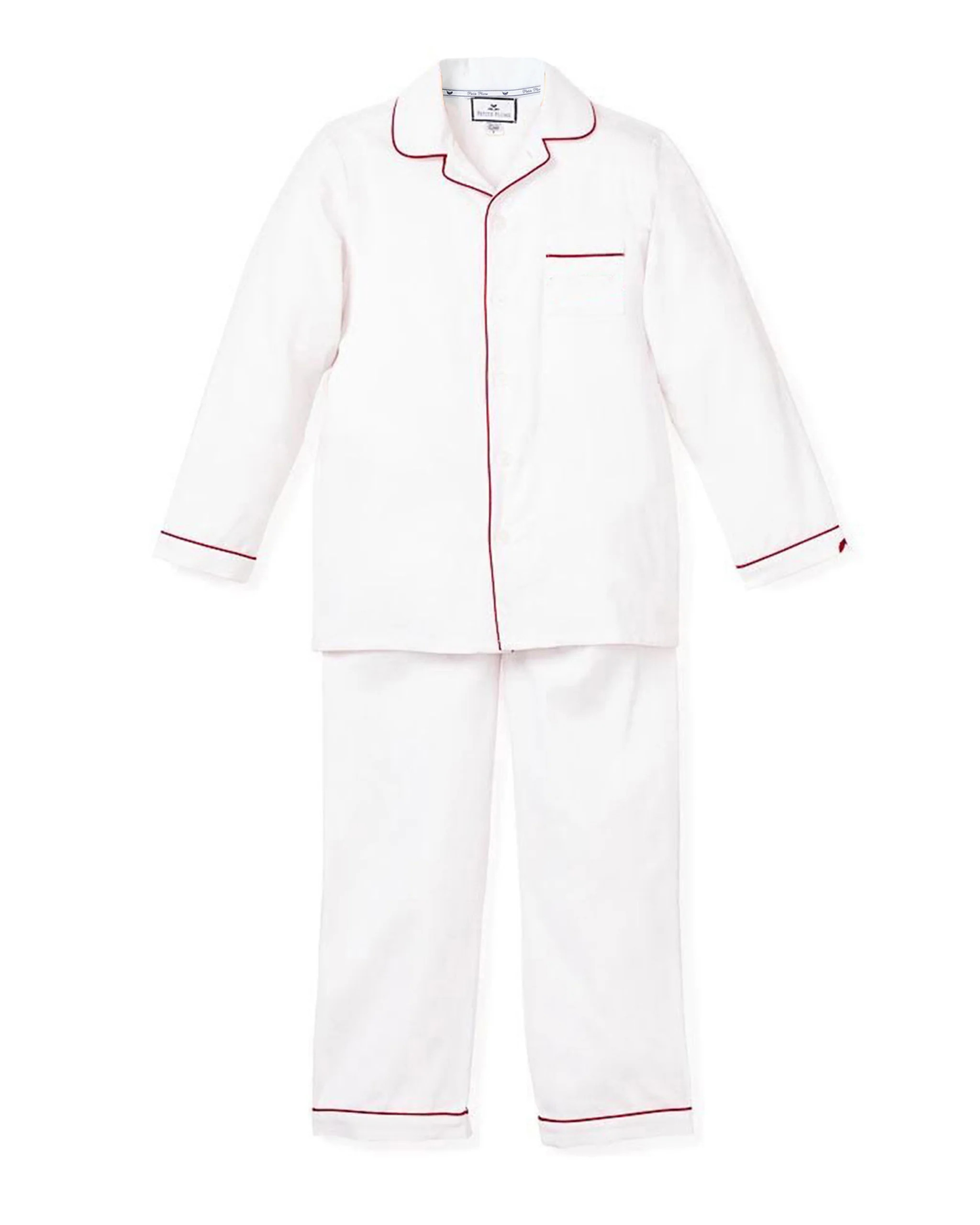Kid's Twill Pajamas in White with Red Piping | Petite Plume