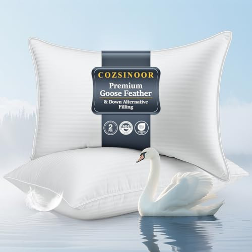 COZSINOOR Goose Feather Pillows Queen Size Set of 2 - Hotel Down Bed Pillow for Sleeping, Soft 600 TC Cotton Cover, Fluffy Support Surround Fill Down Alternative for Back, Stomach, Side Sleepers | Amazon (US)