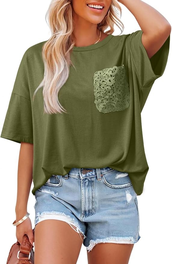 Dokotoo Womens Tops Cute Lace Summer Short Sleeves Oversized Casual T Shirts Lace Pockets | Amazon (US)