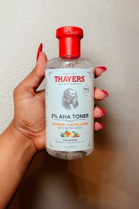 Let me put y’all on this Thayer’s facial toner! ❤️👏🏾 

Quick facts about the Thayer’s 2% AHA Toner:
● Exfoliating toner; helps smooth uneven and bumpy skin
● Contains glycolic acid, lactic acid & alcohol-free witch hazel suitable for ALL SKIN TYPES, especially textured skin
● Fragrance and alcohol free
● Exclusively available at Target

✨Here’s how I use it ✨: 
1. Wash and dry your face 
2. Add the Thayer’s 2% AHA Toner to a cotton pad and gently rub all over your face 
3. Wait for it to dry and finish up your skin care routine 
4. Use twice daily! 

#LTKunder50 #LTKbeauty