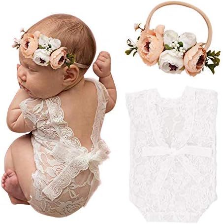 Newborn Baby Cute Lace Rompers Photography Props with Flower Headband Vest Floral Classic Outfits... | Amazon (US)