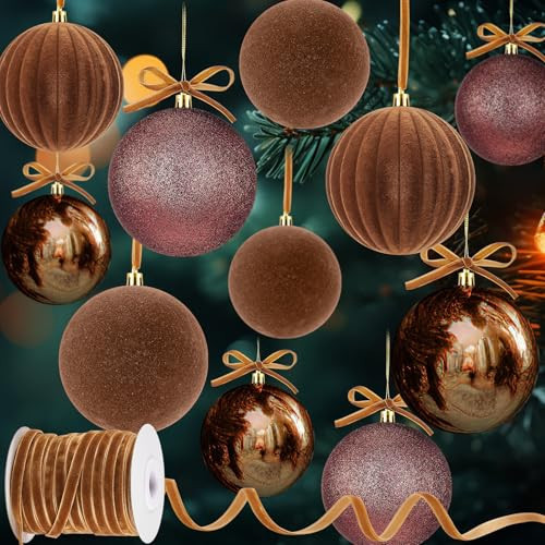 Menkxi 8 Pcs Large Velvet Christmas Balls Ornaments Shiny Glitter Flocked Christmas Tree Ornaments Hanging Decorations with Ribbon for Xmas Holiday(Brown,4 Inch) | Amazon (US)