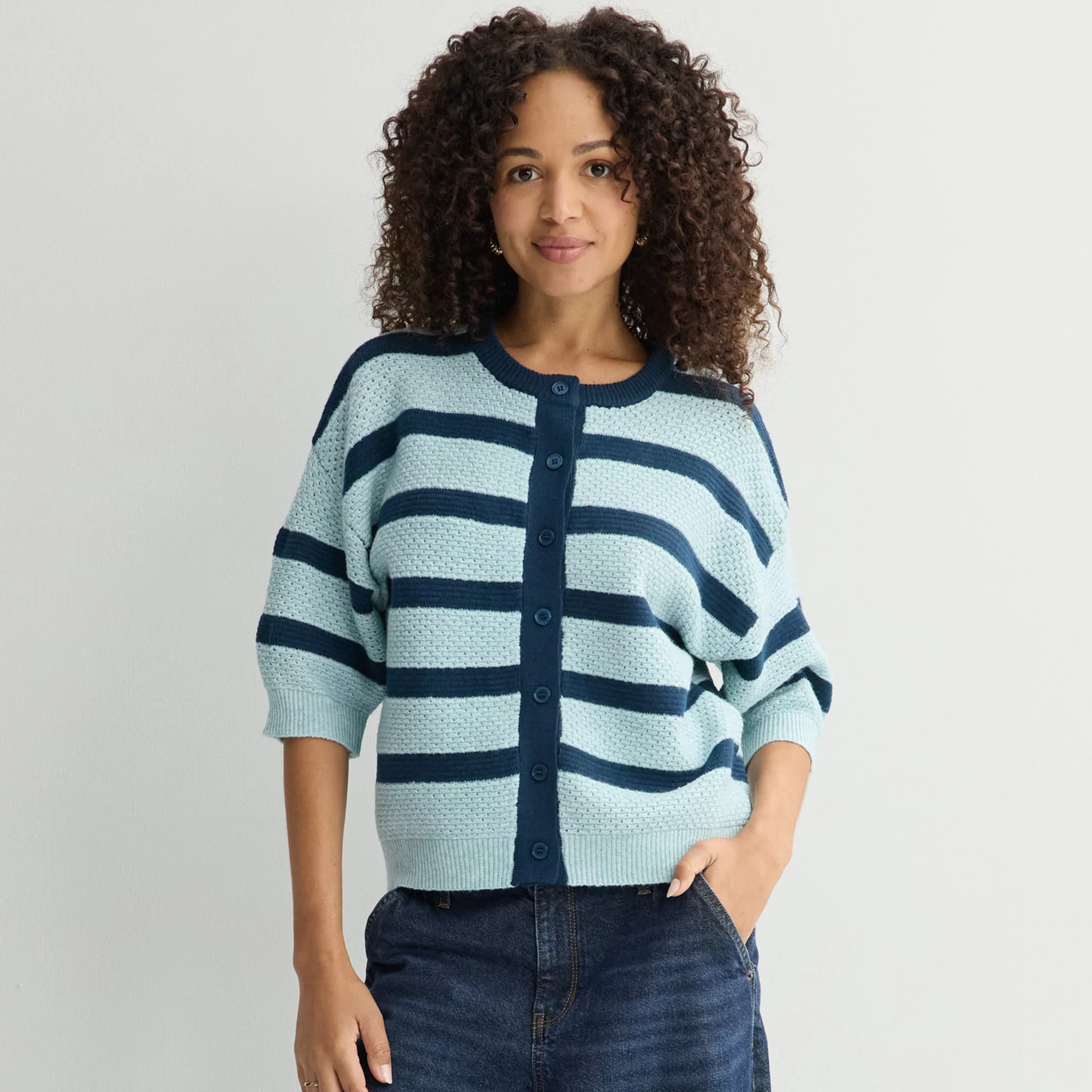 Women's Farmers Market Short Sleeve Cardigan, Size: Medium, Blue Stripes | Kohl's