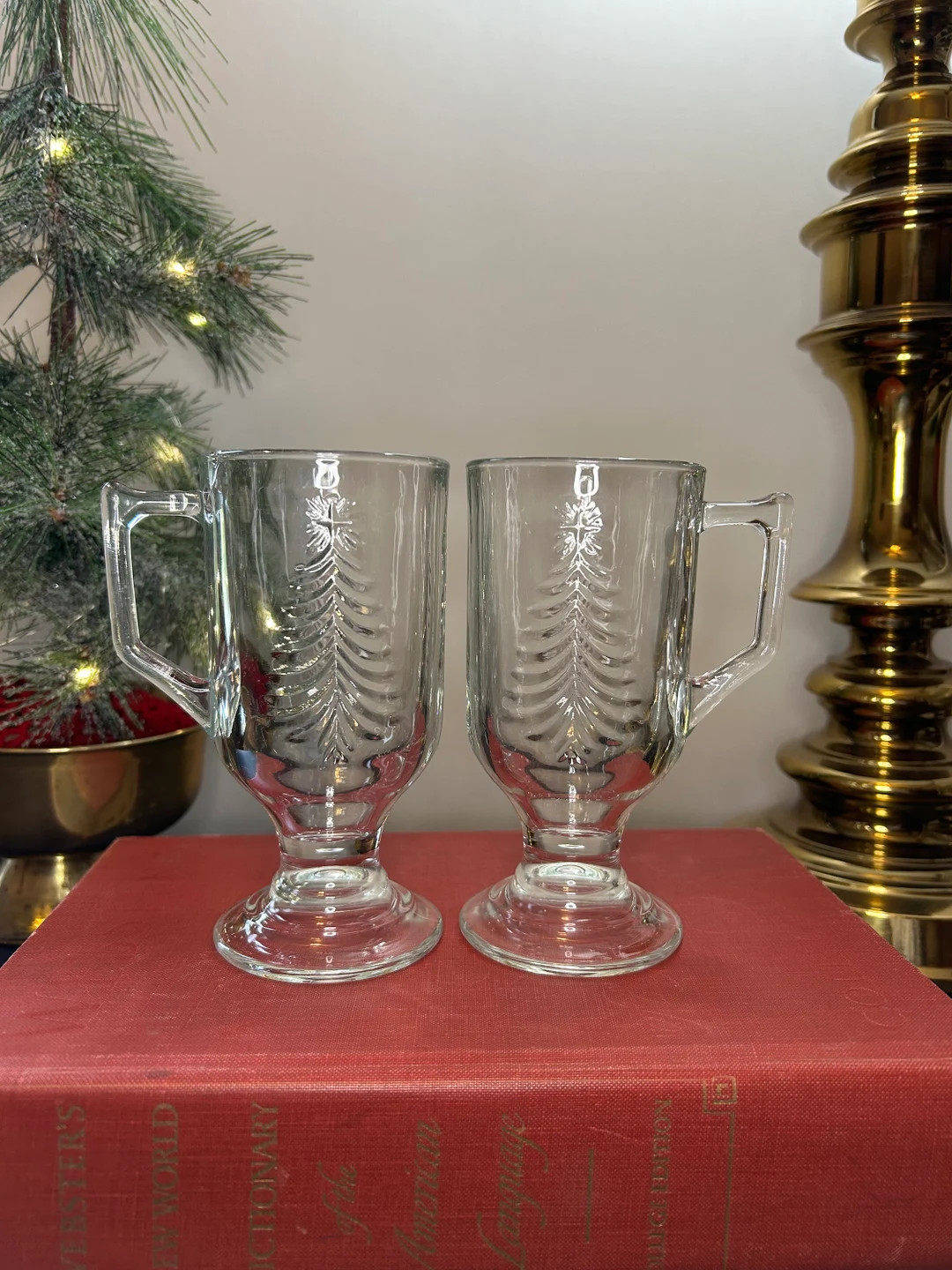 Pair of Vintage Indiana Glass Embossed Christmas Tree Footed Pedestal Irish Coffee Mugs/Hot Cocoa... | Etsy (US)