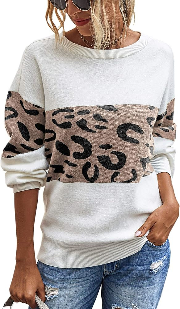 Angashion Women's Leopard Sweaters Casual Long Sleeve Crewneck Color Block Patchwork Pullover Kni... | Amazon (US)