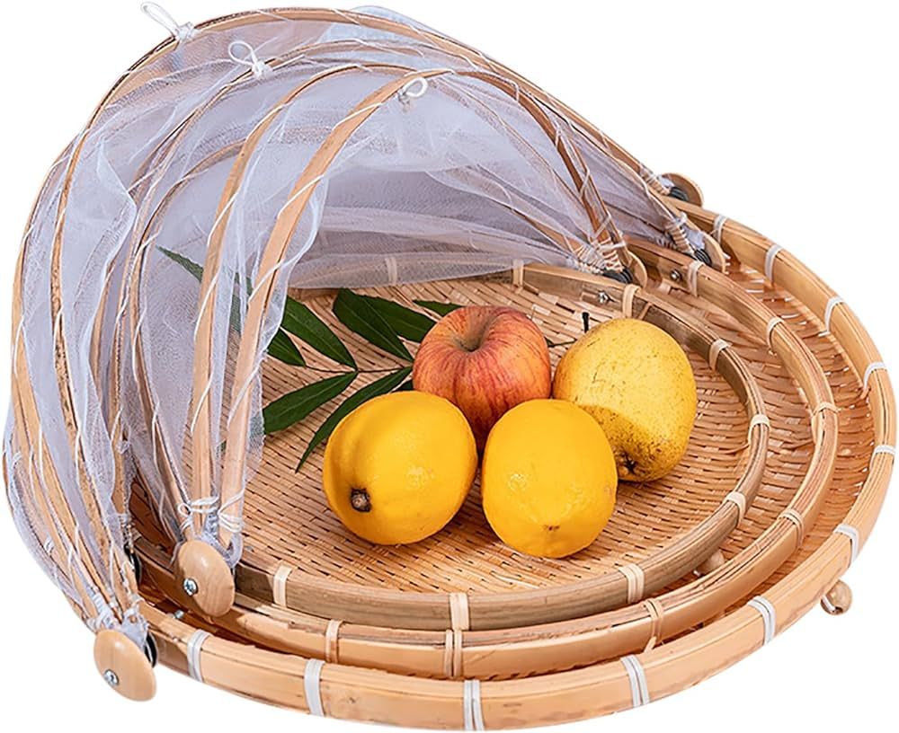 3Pcs Food Serving Tent Basket Covered Round Bamboo Food Storage Container Basket Dustproof Picnic... | Amazon (US)