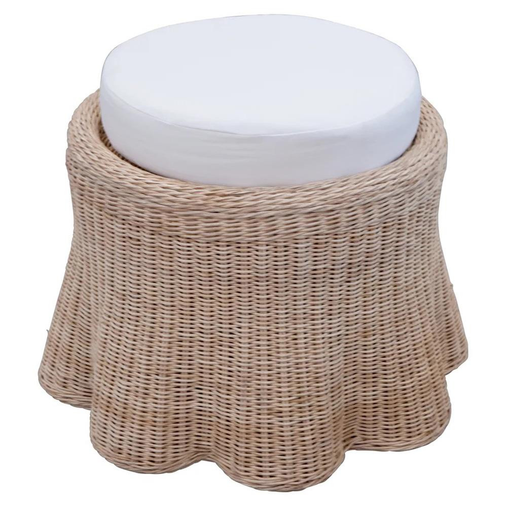 Mainly Baskets Scallop Coastal Natural Handwoven Rattan Round Ottoman | Kathy Kuo Home