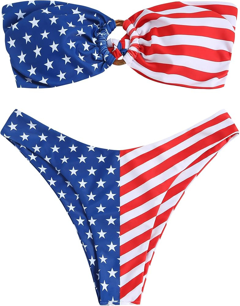 ZAFUL Women's Bandeau Bikini O Ring Strapless Tie Back High Cut Two Piece Swimsuit Bathing Suits | Amazon (US)