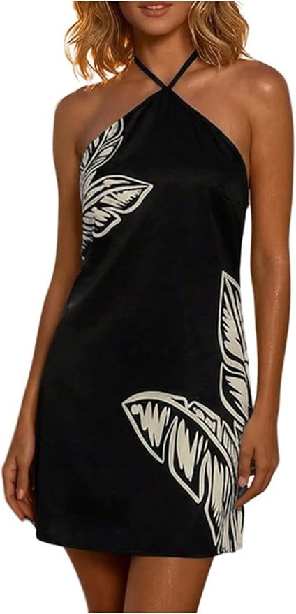 MakeMeChic Women's Boho Tropical Halter Mini Dress Tie Backless Summer Beach Vacation Dresses | Amazon (US)