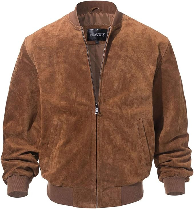 FLAVOR Men's Leather Baseball Bomber Jacket Vintage Suede Pigskin | Amazon (US)