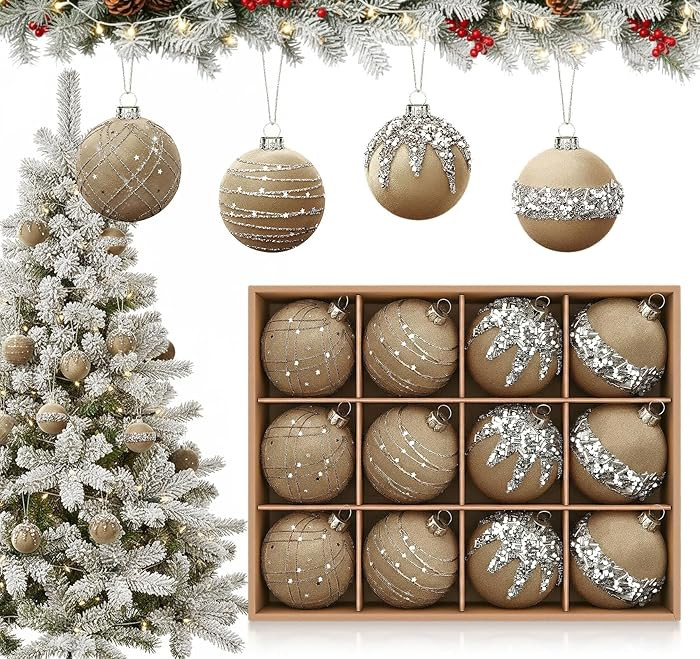 12 Pcs Glitter Brown Velvet Christmas Balls for Tree, 2.36" Flocked Velvet Christmas Ornaments,Sh... | Amazon (US)