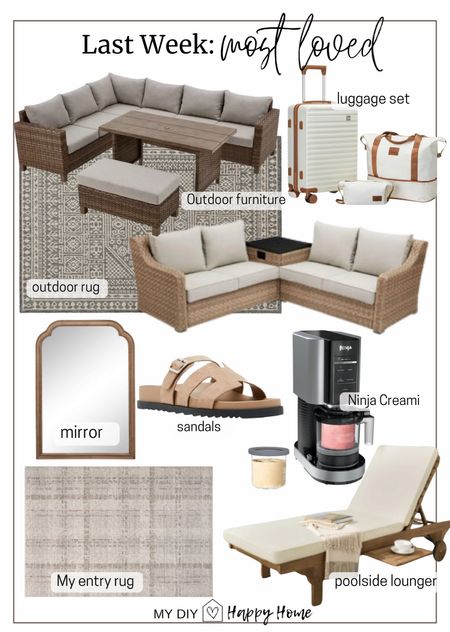 Most loved and best sellers last week:

•outdoor sectional 
•outdoor 4 piece set (dining table, ottoman, sectional, covers)
•outdoor rug 
•luggage set
•my mirrors over my vanity 
•sandals (two colors)
•ninja creami
•my entryway rug 
•my poolside loungers 

#LTKSaleAlert #LTKSeasonal #LTKHome