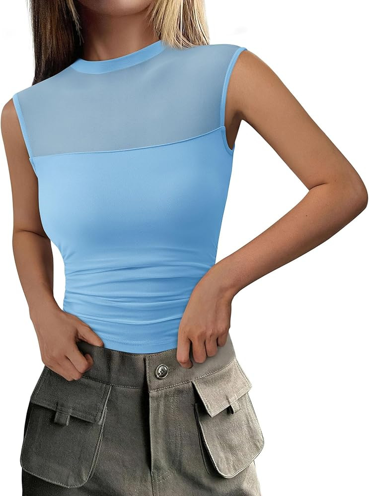 PRETTYGARDEN Women's Summer Sheer Mesh Tank Tops 2025 Trendy Casual Sleeveless Mock Neck Ruched S... | Amazon (US)