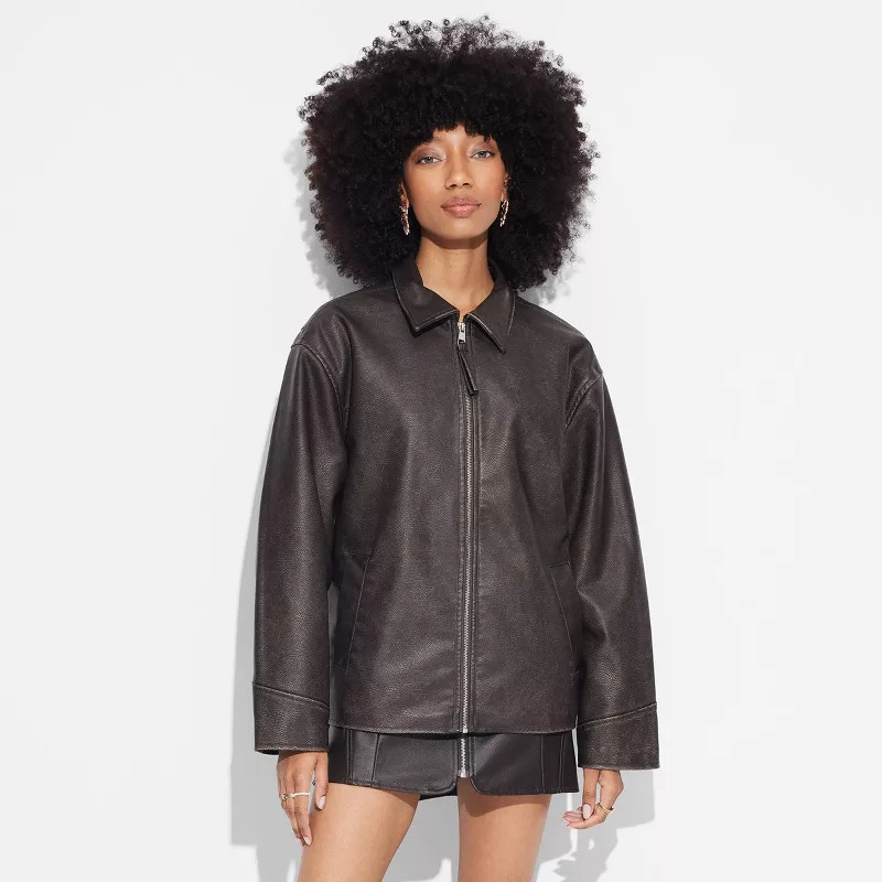 Women's Faux Leather Oversized Bomber Jacket - Wild Fable™ Dark Brown | Target